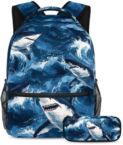 VAPOKF Sharks on Ocean Schulranzen-Set für Teenager, Mädchen, Jungen, Kinder, Schüler-Büchertasche, Rucksack mit Federmäppchen für die Grundschule, multi, Einheitsgröße, Schulranzen-Set