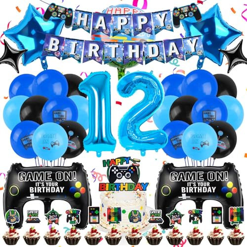 MINISOISO Videospiel Geburtstag Deko Set,56PCS Videospiel Geburtstag Deko 12 Jahre für Jungen,Blau Gamer Dekos Geburtsta,Luftballons Gamer Themen Geburtstags Dek Set für Junge Geburt Spielthemen Party