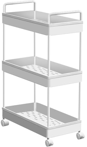 Xinng 3-Tier Servierwagen mit Rollen, Küchenwagen aus Metall mit Bremsen, Mobiler Allzweckwagen für Wohnzimmer, Küche, Bar, Büro – Stabiler Rollwagen mit 3 Ebenen, Weiß, 38.8x21.8x65cm