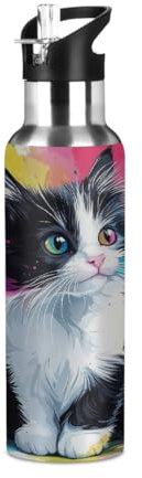 Mexpekil Insulated Water Bottle, Colorful White Black Cat Stainless Steel Vacuum Flask, Leakproof for Hot/Cold Drinks - Bike, Running & Hiking (20oz)