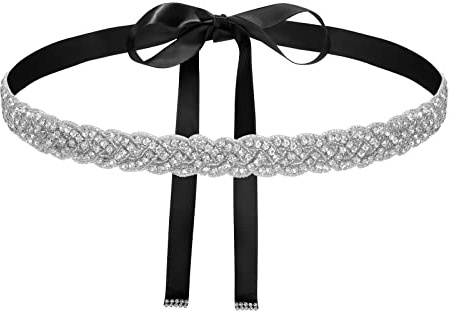 VONMELLI Cintura Da Sposa Cinture con Strass Elegante Cintura Gioiello Donna per Abiti Cintura Donna in Cristallo Matrimonio Raso Fiocco Fusciacca Sottile per Abito Da Sposa Sera Nero