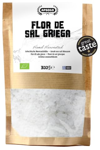 Apsogo Fior di Sale Greco - Sale Marino Integrale Non Raffinato, 300g | Fior di sale greco dell'Egeo - sale grosso marino integrale in fiocchi per rifinire carne, pesce, verdure e insalate.