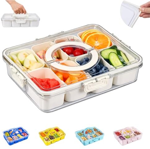 JinDouer Snackbox Mit FäChern, Snackbox Kinder Geteiltes Serviertablett Mit Deckel Und Griff Snackteller Mit Deckel, Herausnehmbare 8 FäCher Picknick Box (1 Stk-8 Fächer-A)
