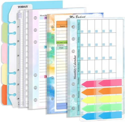 A6 Budget Planner Recharge Set, 6 trous de planificateur hebdomadaire Calendrier mensuel Inserts avec plan mensuel hebdomadaire, page financière, diviseur de papier, sac, règle, autocollant
