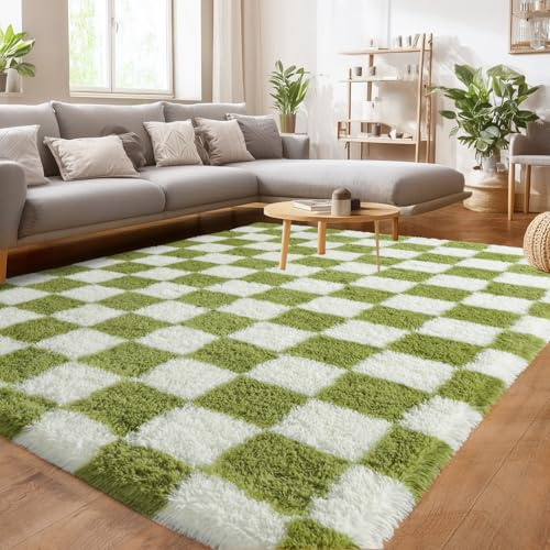 BSGIFT Hochflor Teppich Flauschig Kariert 200x300, Plüsch Teppich Shaggy Langflor für Schlafzimmer Wohnzimmer Kinderzimmer, Modern Wohnzimmerteppich Bettvorleger rutschfest, Creme und Grün