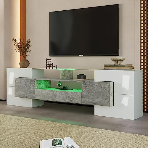 NuvlaGu Lowboard per TV moderna, larghezza 200 cm, bianco lucido e grigio, con illuminazione LED RGB, 6 ante e 2 cassetti, armadio multimediale per soggiorno (grigio + MDF + 60-69 pollici)