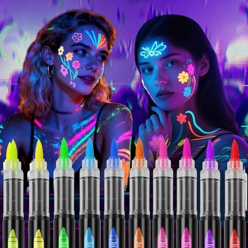 10 Peintures à Lumière Noire, Peinture pour le Visage et le Corps qui Bbrillent Dans le Noir, Stylo à Lumière Noire, Stylo UV Fluorescent, Lmperméable et Respectueux de la Peau pour Festival, Fête
