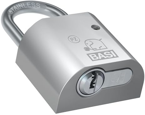 BASI | SET Vorhangschlosskorpus mit V55 Halbzylinder 10/30 mm und 5 Schlüssel | Hangschloss für Schließzylinder | Bügelhöhe 40 mm | Bügelstärke 8 mm | Messing | Fabre Silber