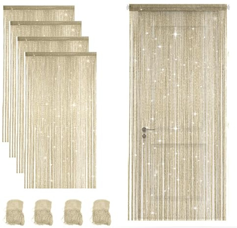 4 Stück Fadenvorhang Türvorhang 100x200cm, Glitzer Fransenvorhang als Raumteiler und Fensterdekoration, Perlenvorhang Türdekoration für Hochzeit Party Zuhause Café und Restaurant (Champagner)