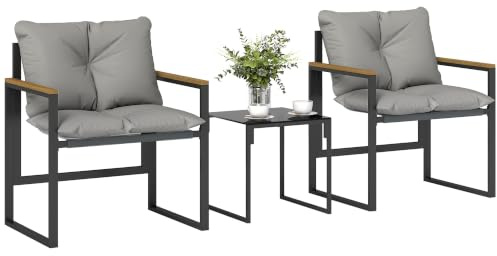 Outsunny Set da Bistrò da 3 Pezzi Set Giardino Esterno Grigio | 2 Sedie Texteline, Tavolo Vetro Temperato, Cuscini Spessi, Braccioli Decorativi, Metallo, Patio Balcone