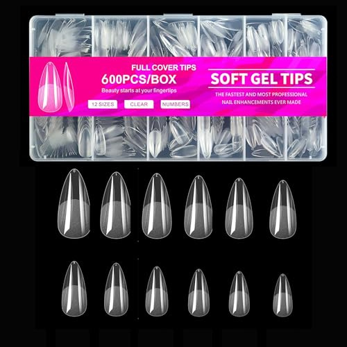 TRIXES Extra-Long Acrylic Nail Extensions - Almond, 12 Sizes - 600PCS | Ideal for Salon or Home Use, Clear - Flexible Acrylic