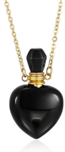 PH PandaHall Natural Amethyst Perfume Bottle Necklace, Heart Shape Essential Oil Diffuser Bottle Real Amethyst Crystal Stone Necklace Golden Chain for Women Jewellery, 1 Piece