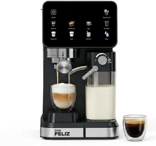 Don Feliz Cafetera Espresso Semiautomática 20 Bar 1350W con Pantalla LCD, Depósito de Leche 500ml, Depósito de Agua 1.5L, Compatible con Nespresso, Cappuccino, Americano, Autolimpieza