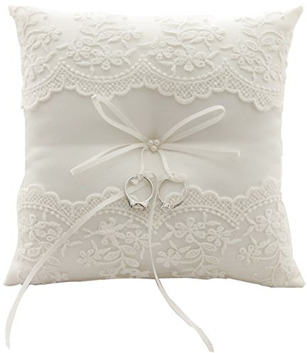 Cuscino ricamato per fedi nuziali, fantasia floreale, con fiocchetto, 21 cm x 21 cm (Avorio 2)
