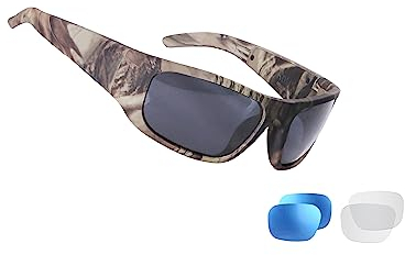 OhO sunshine Audio Sunglasses, Wireless Sunglasses with UV400 Polarized Safety Lenses, Unisex Design for All Smart Phone Editions, Camo Frame Blue Polarized Lens, standard size