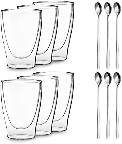 DUOS® Latte Macchiato Gläser Doppelwandig 6x 400ml + 6x Löffel, Doppelwandige Gläser, Cappuccino Tassen, Latte Macchiato Löffel, Eiskaffee Gläser, Doppelwandige Kaffeegläser, Cappuccino Gläser