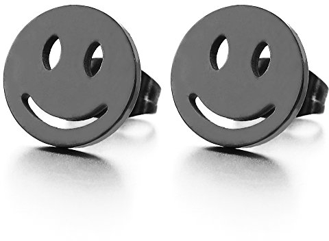 10MM Lächelndes Gesicht Schwarz Kreis Ohrstecker Herren Damen Jungen, Gestüt Ohrringe Edelstahl, Ohrschmuck, 2 Stücke