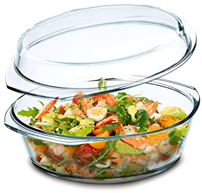 Simax Auflaufform mit Deckel, rund, Glas, Auflaufformen für Ofen mit Deckel und Griffen, Backformen für Ofen, abgedeckte Schüssel zum Kochen, Backen, Servieren, Mikrowelle, Spülmaschine und ofenfestes