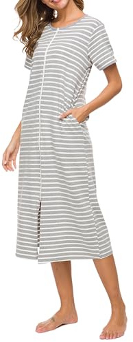 Vslarh Kurzärmeliges Damen-Nachthemd mit Reißverschluss vorne, volle Länge, Baumwolle, lockere Hausmantel, Loungewear mit Taschen, S-XXL, Gr&W, XX-Large