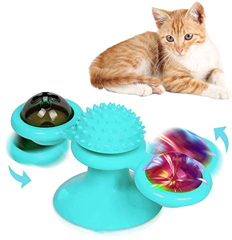 Fuovt Moulin à vent pour chat, jouet interactif pour chat avec boules d'herbe à chat et clochettes, jouet interactif pour chat, jouet interactif pour massage, grattage chatouil (bleu)