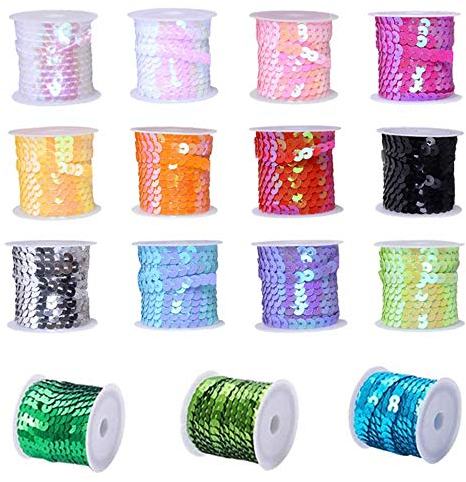 Aweisile Pailletten Bänder 15 Rollen 5m Pailettenband zum Aufnähen Paillettenband Bunte Paillettenband Paillettenborde Borte für DIY Handwerk Tanzbekleidungen Armband Dekorationen