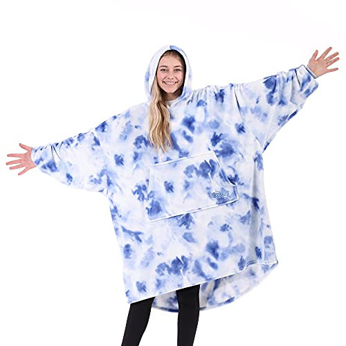 THE COMFY Dream - Übergroße tragbare Decke mit Ärmeln und Tasche zum Entspannen, Reisen - Einheitsgröße, gemütliche, seidige Mikrofaser, traumhafte Kapuze Decke Zum Anziehen (Blue Tie Dye)