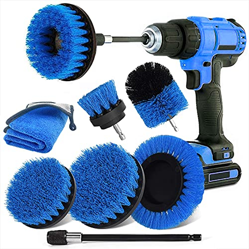 Bürstenaufsatz Bohrmaschine Set 8 Stück, Bürste für Akkuschrauber Power Scrubber Drill Brush Attachment mit Verlängerung & Microfasertucher für Auto Felgen Küche Badewanne Fliesen Teppich Grill-Blau