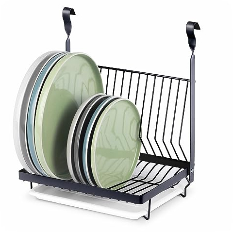 LIVIVO Hanging Storage Dish Rack with Drain for Kitchen Rail Shelf Tray Plates Bowl Tumbler Glasses Utensil Cutlery Knives Pots Paper Towel (Dish Rack, Black)