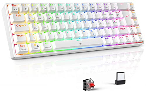TECURS Gaming Tastatur Mechanische Kabellos/Bluetooth/Mit Kabel, RGB Beleuchtet, 65% QWERTZ Tastatur (German Layout) mit Rote Schalter für PC Gamer und Arbeits, Weiß