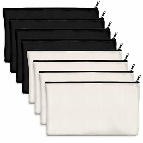 8er-Packung Taschen aus Baumwoll-Leinwand mit Reißverschluss; blanko; als Beutel oder Federmäppchen; für DIY-Heimarbeit, Make-up-/ Kosmetik-/Toilettenartikel; zur Aufbewahrung; (Beige & Schwarz);