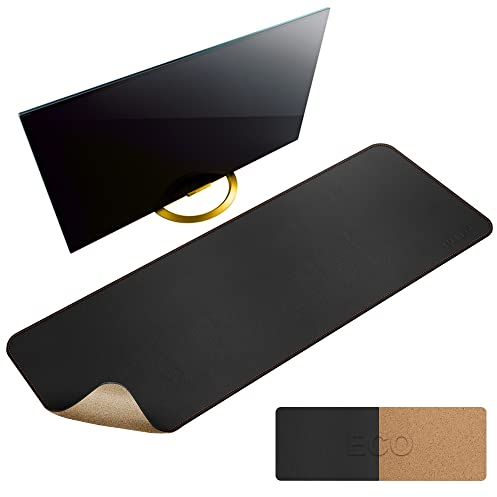 MAIDERN Tapis de bureau en cuir et liège,Tapis de souris 120x40cm,Extra large Tapis de bureau en cuir PU imperméable, Sous main bureau pour le bureau et la maison (Noir)