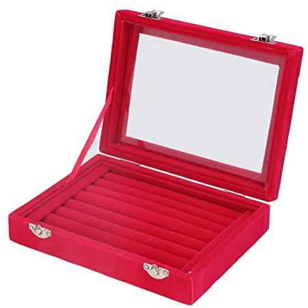 Schmuckaufbewahrungsbox mit 7 Fächern und transparentem Glasdeckel, elegante Juwelenkiste für Ringe, Ohrringe und Manschettenknöpfe (rot)