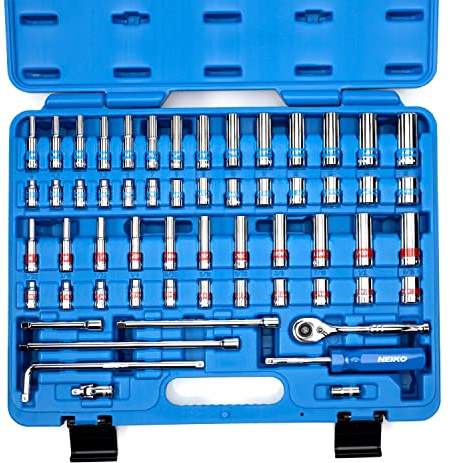 Neiko 02514A Ratschen- und kleiner Steckschlüsselsatz, 1/4-Zoll-Antrieb, 58-teilig, Chrom-Vanadium-Stahl, mehrfarbig