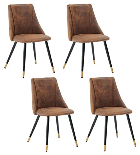 MEUBLE COSY Esszimmerstühle 4er Set Küchenstühle Ergonomisch Wohnzimmerstuhl Retro Sessel mit Rückenlehne Sitzfläche aus Vintage Künstlich Wildleder Metallbeine Braun + Goldfarben