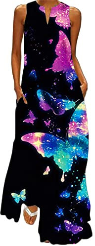 WINKEEY Damen Maxikleid Schmetterling Blumen Drucken V-Ausschnitt Böhmischer Plus Size Sommerlanges Kleid mit Taschen, Stern Schmetterling 4XL