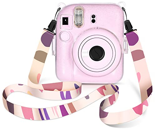 Kameratasche für Instax Mini 12, Sofortbildkamera-Tasche - Hartschalen-Kameratasche mit Schulterriemen in Morandi-Farben (Glitzer+Morandi)