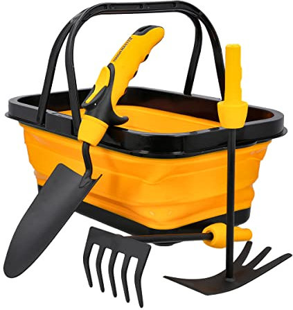 Garden Tools Set 4 Piece Hand Tool Gift Kit With Organiser Foldable Basket, Gardening Gifts for Women & Men Hand Trowel, Transplanter, Rake for Planting Digging Weeding TOUGH MASTER