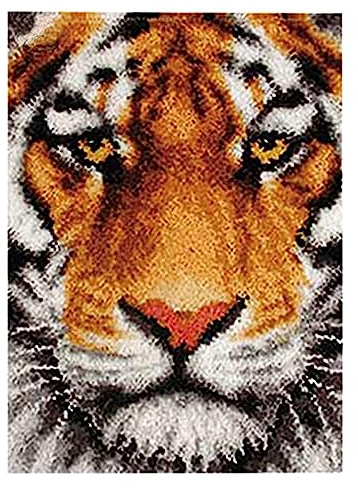 Knüpfteppich Zum Selber knüpfen mit Kissen, Teppich Set mit Werkzeug Knüpfsets Latch Hook Kit für Erwachsene, Knüpfen Teppich Knüpfpackung für Home Decor (Tiger, 69x102cm)