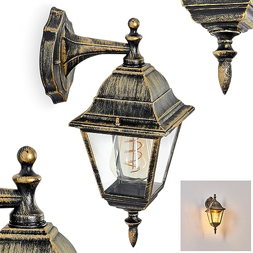 Außenwandleuchte Naofe, Wandlampe abwärts in antikem Look aus Metall/Glas in Braun-Gold/Klar, Wandleuchte im klassischen Landhaus-Stil, Außenleuchte für Terrasse, E27, ohne Leuchtmittel, IP44