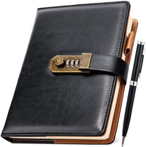 Nicpro Diary with Lock, A5 PU Leather Journal with Lock, Metal Pen, 260 Pages Password Notebook for Men and Women, Vintage Lock Daily Journal for Travel, Note Take, Plans, Organize (10 x 7 in)