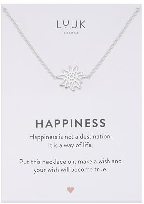 LUUK LIFESTYLE Halskette mit Edelweiss Anhänger und HAPPINESS Spruchkarte, Bergsymbole und Zeichen für Mut & Liebe, schlichtes Modeaccessoire für Damen, verstellbare Kettenlänge, 50cm, Silber