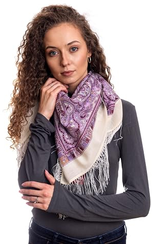 Original Damen Russischer Pawlow Pavlovo Posad Schal Tuch Umschlagtuch mit Seidenfransen 100% Wolle, mit Paisley und Blumen 89cm x 89cm Weiß mit Rosa