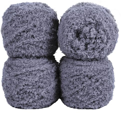 Uiopa Flauschige Wolle Garn Dunkelgrau, 400g(4 x 100g, 4 x 80m) Plüschwolle zum Stricken 3 Stränge Fransengarn, Handstrickgarn Weiche Häkelwolle zum Decken Schals Mützen DIY-Projekte