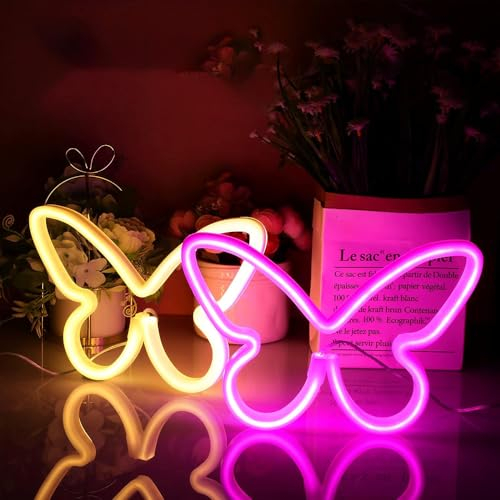 2 Stück LED-Neonlichtschild, Schmetterlings-Neonschilder, Nachtlichter für Zuhause, für Kinderzimmer, dekorative Lampen, Wandkunst, romantisches Weihnachts- und Geburtstagsgeschenk