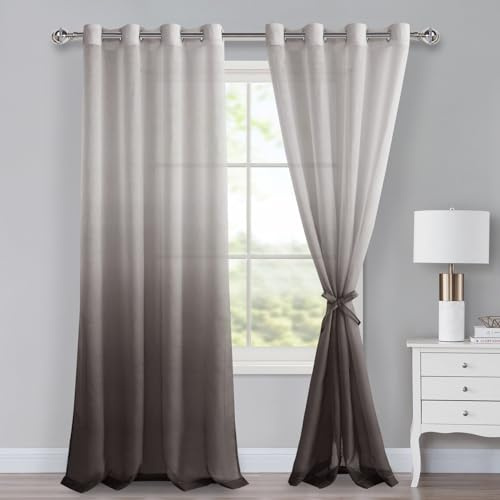 XWZO Voile Gardinen mit Ösen Vorhänge Farbverlauf Vorhang Sheer Ombre Gardinen 2 er Set für Schlafzimmer und Wohnzimmer Schlaufengardinen mit Raffhalter H260xB140cm Kaffeebraun