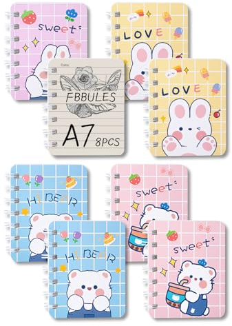 FBBULES Mini Notizbuch A7 Spirale, 8 Stück Notizblock Klein,160 Seiten/80 Blatt Tragbar Kawaii Tier Notizblöcke Memo Liniert für Kinder Büro Schule, 8.2x10.5cm (Cartoon Stil)