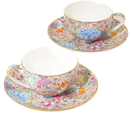 Set of 2 Rustic Flower Tea Cups and Saucers Set, Ceramic Coffee Cup and Saucer Plate