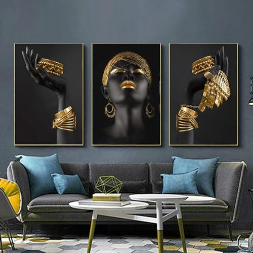 YLHKME Tableau Africain Femme,Noir Et Or Affiche Toile Tableau Decoration Murale Salon,pour Chambre Cuisine Bureau, Deco Maison, sans Cadre (C-Frameless,3X20X30CM)