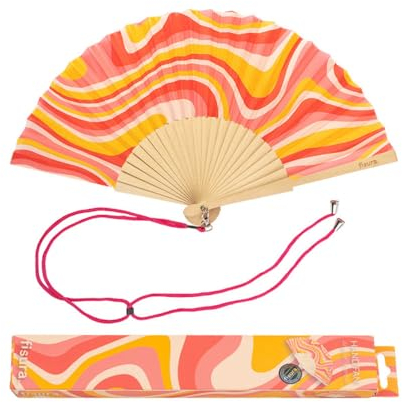 Fisura – Abanico original con estampado de ondas. Abanico de madera moderno y colorido. Abanico con cuelga abanico. Abanico rosa y naranja. Medidas: 42,5 x 23 cm.