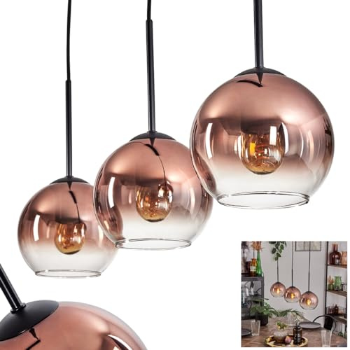 Pendelleuchte Koyoto, Pendellampe aus Metall/Glas in Schwarz/Kupferfarben/Klar, Leuchte im modernen Vintage-Design mit Schirmen aus Glas (Ø 15 cm), Höhe max. 132 cm, 3 x E27, ohne Leuchtmittel
